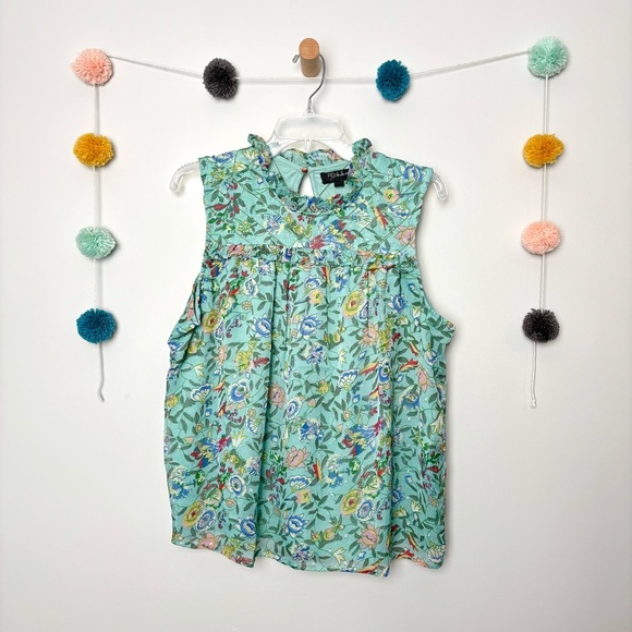 Anthropologie RD & Koko Floral Green Metallic Detsiled Sleeveless Blouse - Picture 1 of 8